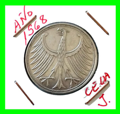 Moneda de 5.00 DM - Alemania R.F. (República Federal de Alemania) año 1968 ceca:J