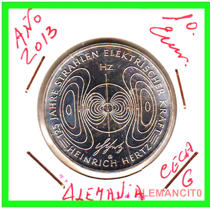 Moneda Conmemorativa de Alemania - 10 Euros, Año 2013 (Ceca G) 125 ANIVERSARIO: SOBRE RADIACION ELECTRICA